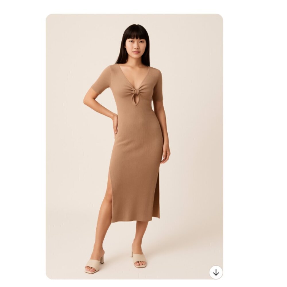 NWT Abercrombie & Fitch Fall Midi Dress Beige O-Ring Ribbed Side Slit Size XL